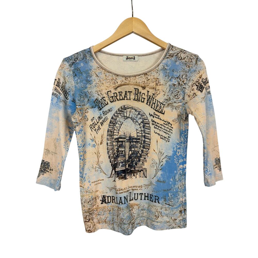 Jamee J Cream & Blue Ferris Wheel Graphic Long Sleeve Scoop Neck Top Size      S